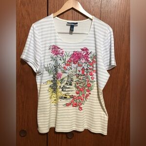 Karen Scott XXL Floral Striped Women's Top Shirt Printed Scenery Rhinestones